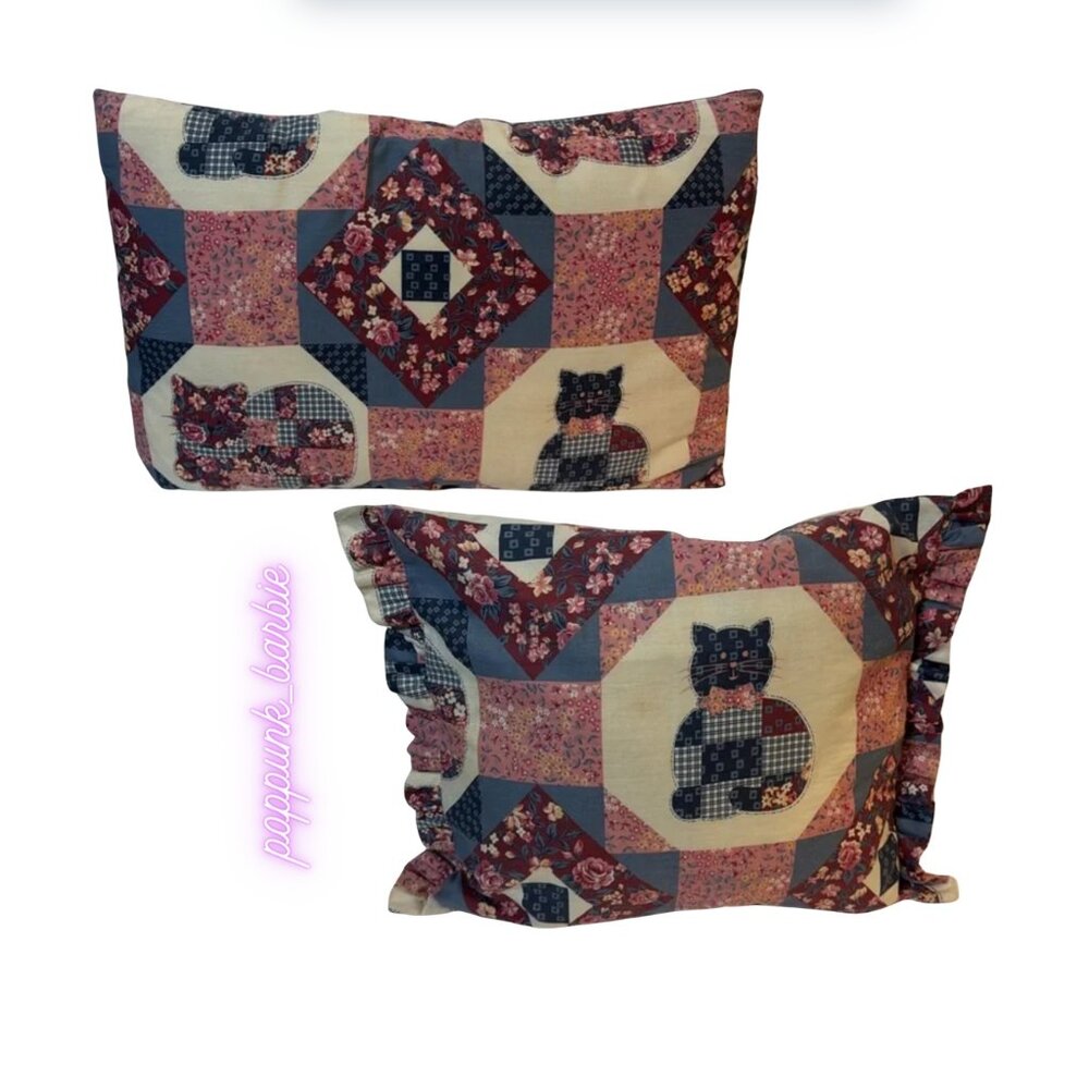 Vintage Handmade Cat Quilt Pillow Set Floral Cottagecore Grandmillennial